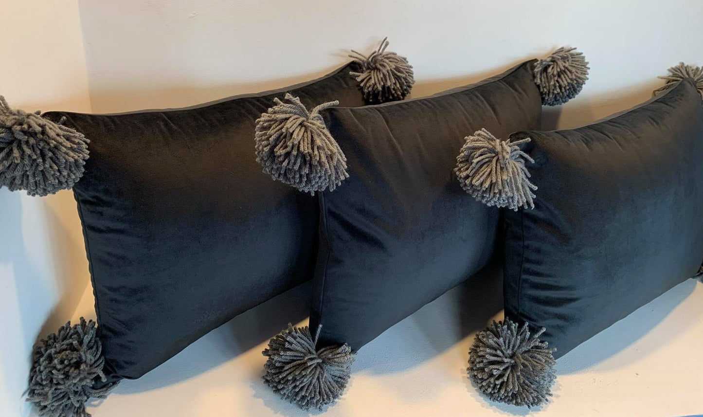 Black Velvet Pompom - Cushion Cover - 46cm x 36cm