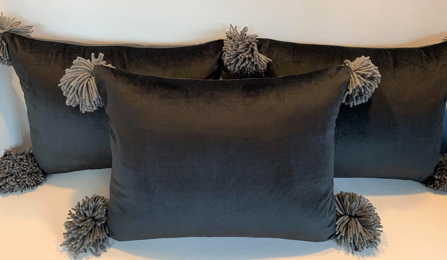 Black Velvet Pompom - Cushion Cover - 46cm x 36cm