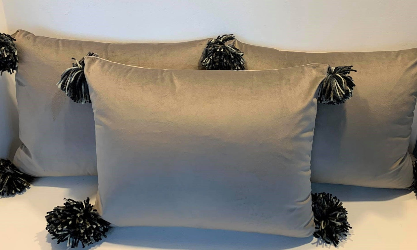 Beige Velvet Pompom - Cushion Cover - 46cm x 36cm