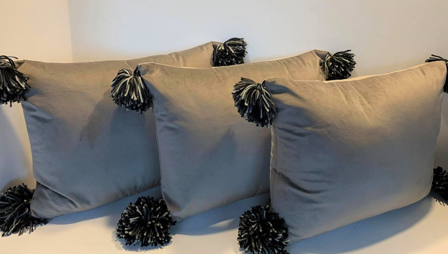 Beige Velvet Pompom - Cushion Cover - 46cm x 36cm