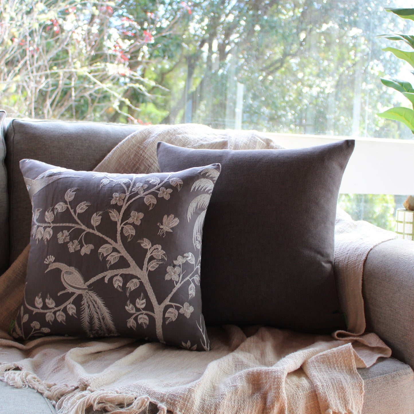 Graphite Bird Embroidery Set - Cushion Cover Set