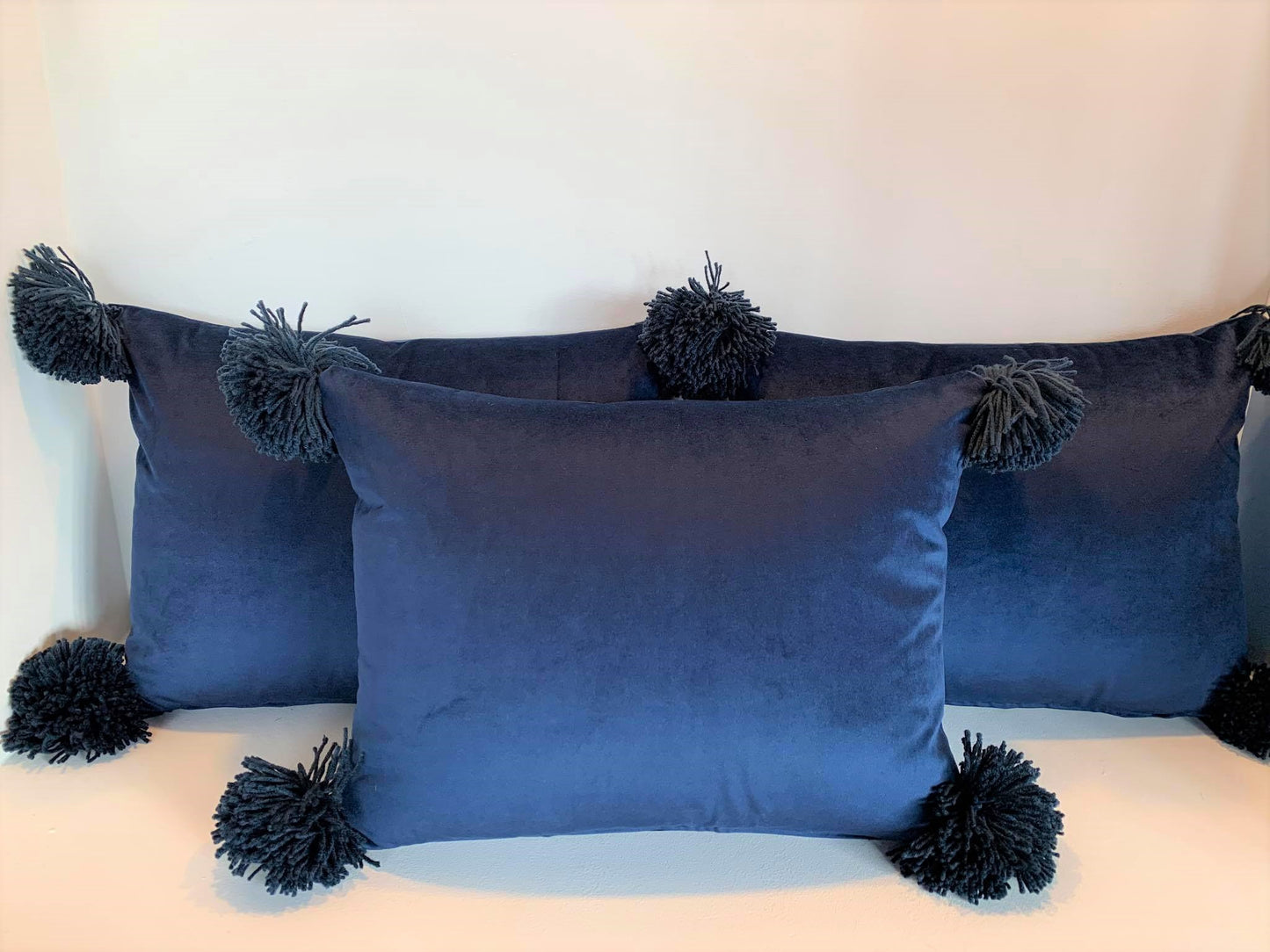 Blue Velvet Pompom - Cushion Cover - 46cm x 36cm