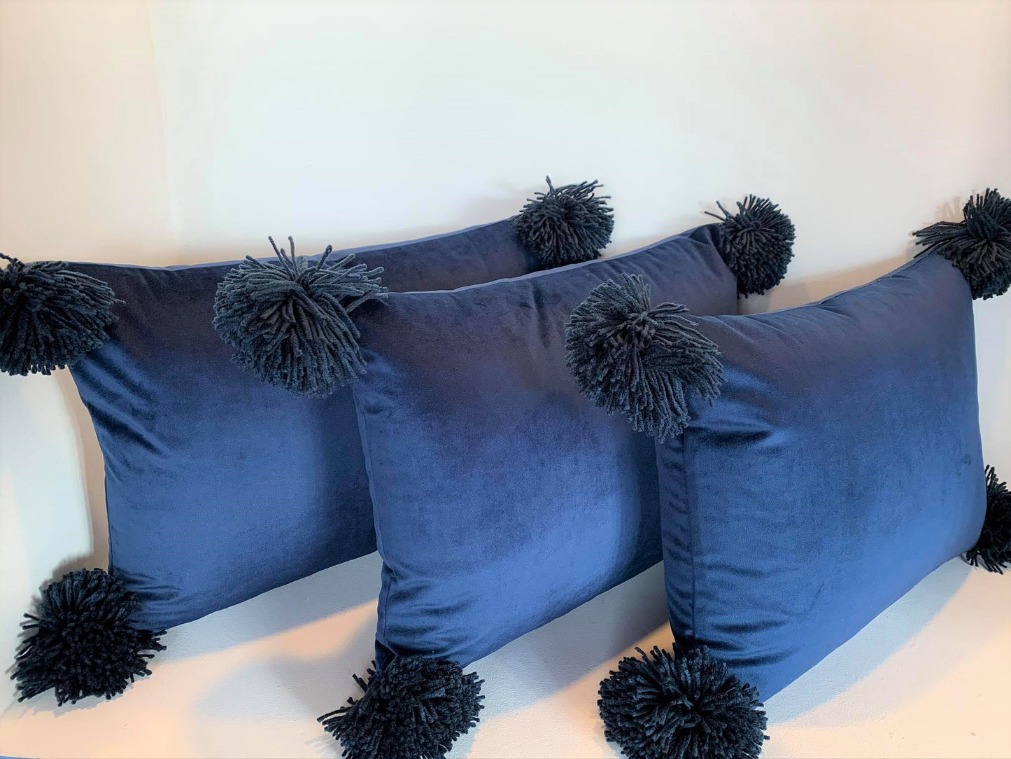 Blue Velvet Pompom - Cushion Cover - 46cm x 36cm