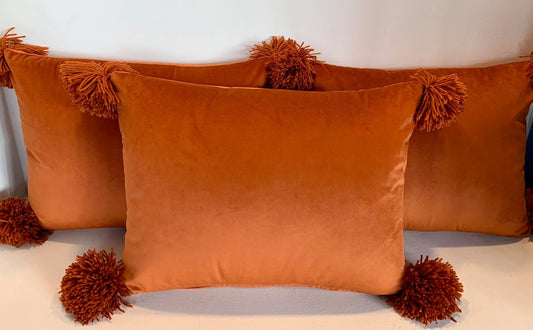 Orange Velvet Pom pom - Cushion Cover - 46cm x 36cm