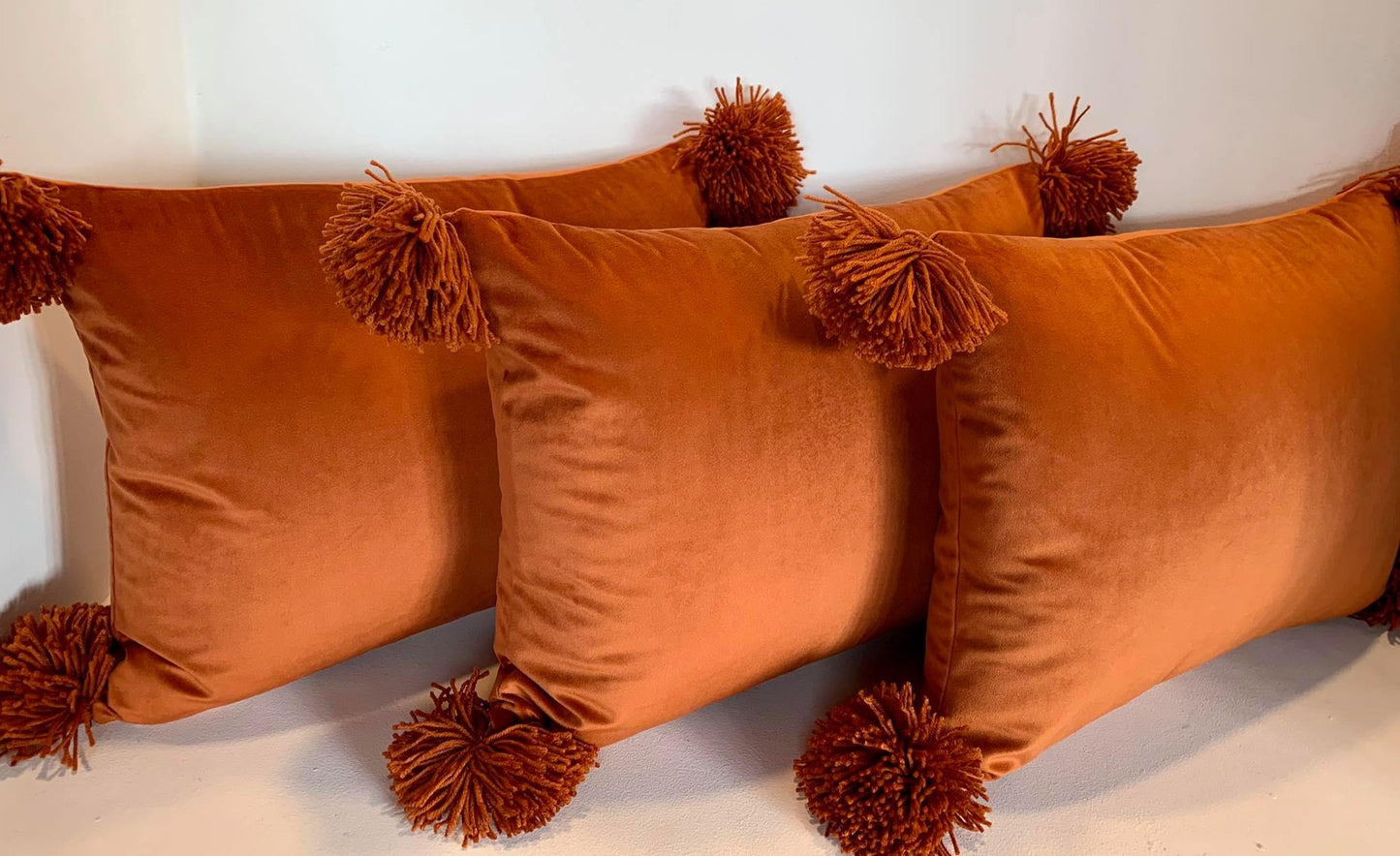 Orange Velvet Pom pom - Cushion Cover - 46cm x 36cm